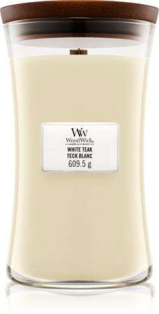 Woodwick White Teak aromatizēta svece ar koka dakti