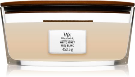 Woodwick White Honey vonná sviečka s dreveným knotom (hearthwick)