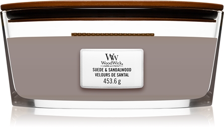 Woodwick Suede & Sandalwood vonná svíčka s dřevěným knotem (hearthwick)