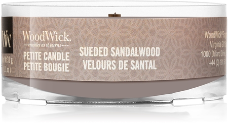 Woodwick Suede & Sandalwood mala mirisna svijeća bez staklene posude s drvenim fitiljem