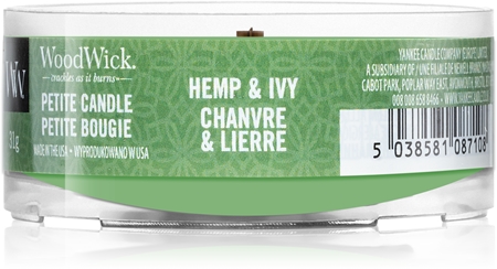 Woodwick Hemp & Ivy votive candle with wooden wick