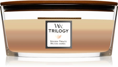 Woodwick Trilogy Golden Treats vonná svíčka s dřevěným knotem (hearthwick)