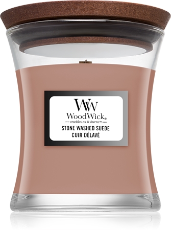 Woodwick Stone Washed Suede Duftkerze   mit Holzdocht