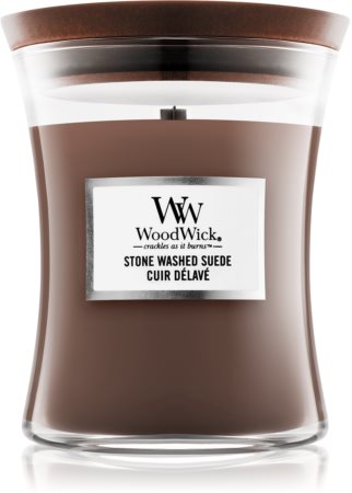 Woodwick Stone Washed Suede aromatizēta svece ar koka dakti