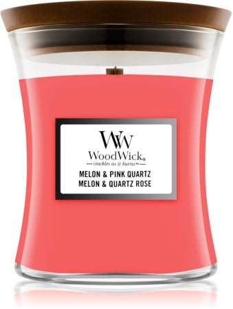 Woodwick Melon & Pink Quarz dišeča sveča  z lesenim stenjem