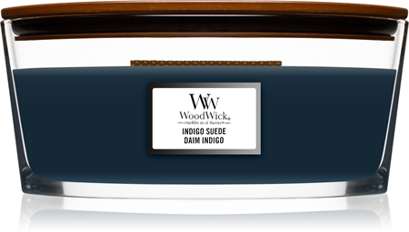 Woodwick Indigo Suede aromatizēta svece ar koka dakti