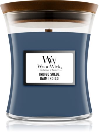 Woodwick Indigo Suede mirisna svijeća s drvenim fitiljem