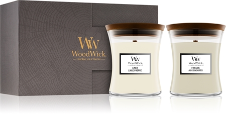 Woodwick Fireside & Linen darilni set z lesenim stenjem (gift box)