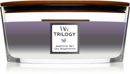 Woodwick Trilogy Amethyst Sky aromatizēta svece ar koka dakti