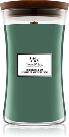 Woodwick Mint Leaves & Oak aromatizēta svece ar koka dakti