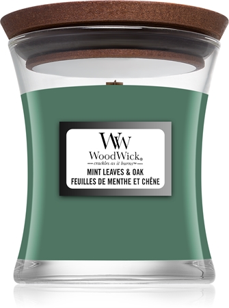 Woodwick Mint Leaves & Oak vonná svíčka s dřevěným knotem