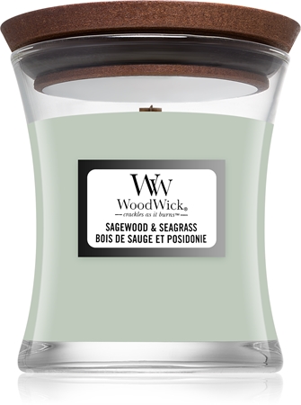 Woodwick Sagewood & Seagrass tuoksukynttilä sisältää puusydämen
