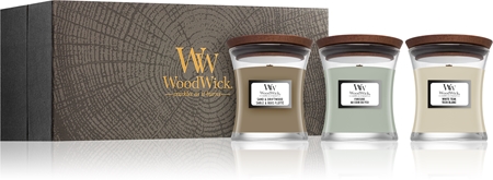 Woodwick Fireside + White Teak + Sand & Driftwood dárková sada