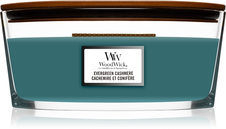 Woodwick Evergreen Cashmere vonná svíčka s dřevěným knotem (hearthwick)
