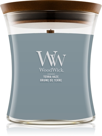 Woodwick Terra Haze dišeča sveča z lesenim stenjem