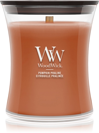 Woodwick Pumpkin Praline kvapioji žvakė medinė dagtis