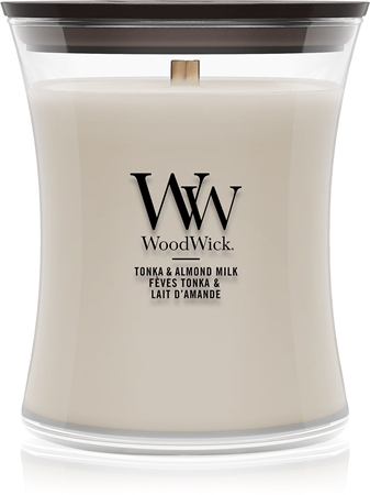 Woodwick Tonka & Almond Milk αρωματικό κερί με ξύλινο φιτίλι