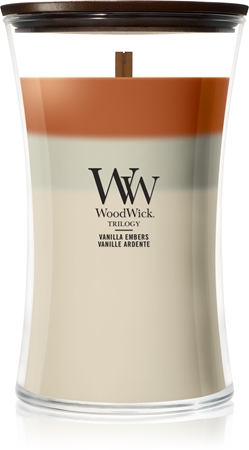 Woodwick Trilogy Vanilla Embers kvapioji žvakė medinė dagtis
