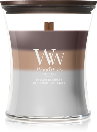 Woodwick Trilogy Radiant Cashmere bougie parfumée avec mèche en bois
