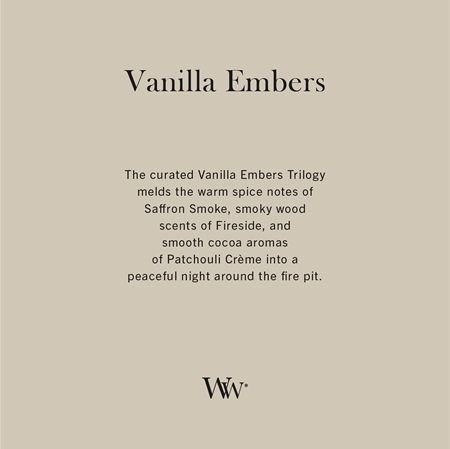 Woodwick Trilogy Vanilla Embers kvapioji žvakė medinė dagtis