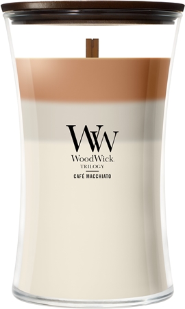 Woodwick Trilogy Café Macchiato vela perfumada com pavio de madeira