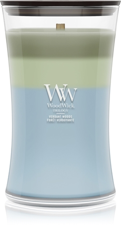 Woodwick Trilogy Verdant Woods vela perfumada com pavio de madeira