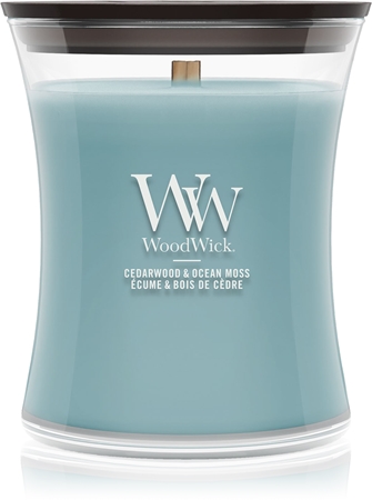 Woodwick Cedarwood & Ocean Moss αρωματικό κερί με ξύλινο φιτίλι