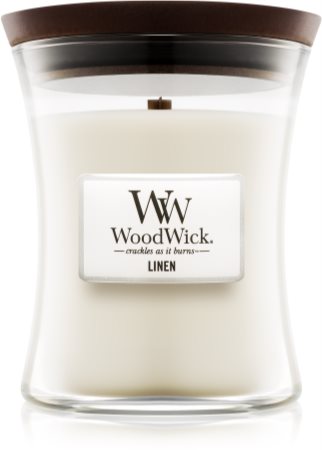 Woodwick Linen świeczka zapachowa z drewnianym knotem