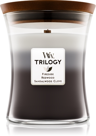 Woodwick Trilogy Warm Woods świeczka zapachowa z drewnianym knotem