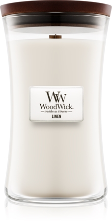 Woodwick Linen aromatizēta svece ar koka dakti