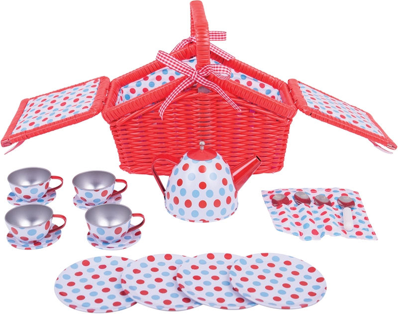 Bigjigs Toys Gepunktetes Teeservice Set – Mit Teekanne, Korb, 4 Tassen, Untertassen, Tellern & Löffeln, Für Rollenspiele Ab 3 Jahren