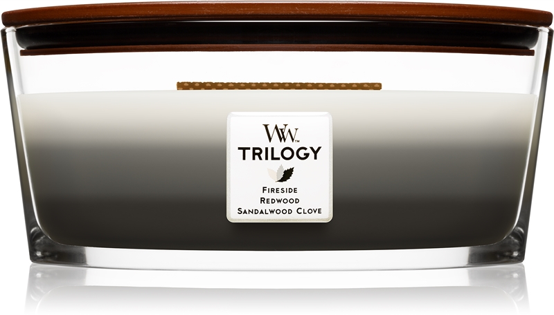 Woodwick Trilogy Warm Woods lumânare parfumată cu fitil din lemn (hearthwick)