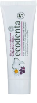 Ecodenta Kids creme dental para crianças com aroma de essência de groselha preta e camomila