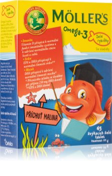 Möller’s Omega 3 Želé rybičky malinová příchuť žvýkací tablety s rybím olejem na podporu zdravého rozvoje nervové soustavy