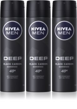 Nivea Men Deep Black Carbon Darkwood Antiperspiranttisuihke 3 x 150 ml (Talouspakkaus) Miehille