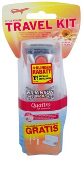 Wilkinson Sword Quattro for Women Papaya & Pearl máquina de barbear + 2 cabeças de reposição kit de viagem