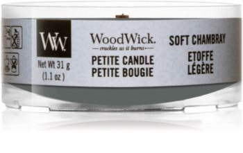Woodwick Soft Chambray votivní svíčka s dřevěným knotem