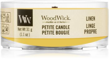 Woodwick Linen mala mirisna svijeća bez staklene posude s drvenim fitiljem