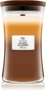 Woodwick Trilogy Café Sweets geurkaars met een houten lont