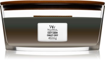Woodwick Trilogy Cozy Cabin geurkaars met een houten lont (hearthwick)