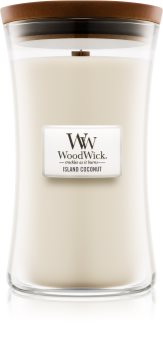 Woodwick Island Coconut vonná svíčka s dřevěným knotem