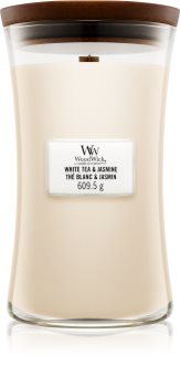 Woodwick White Tea & Jasmine ароматна свещ с дървен фитил