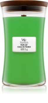 Woodwick Palm Leaf dišeča sveča z lesenim stenjem