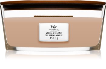 Woodwick Vanilla & Sea Salt vela perfumada con mecha de madera (hearthwick)
