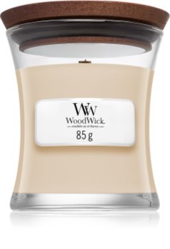 Woodwick White Honey geurkaars met een houten lont