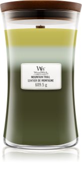 Woodwick Trilogy Mountain Trail geurkaars met een houten lont