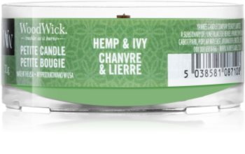 Woodwick Hemp & Ivy mala mirisna svijeća bez staklene posude s drvenim fitiljem