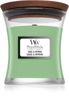 Woodwick Sage & Myrrh vonná sviečka s dreveným knotom