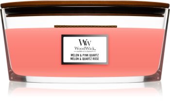 Woodwick Melon & Pink Quarz dišeča sveča z lesenim stenjem (hearthwick)