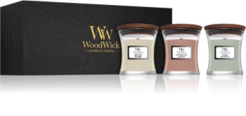 Woodwick Fireside & White Teak & Stone Wash Suede dárková sada s dřevěným knotem (gift box)